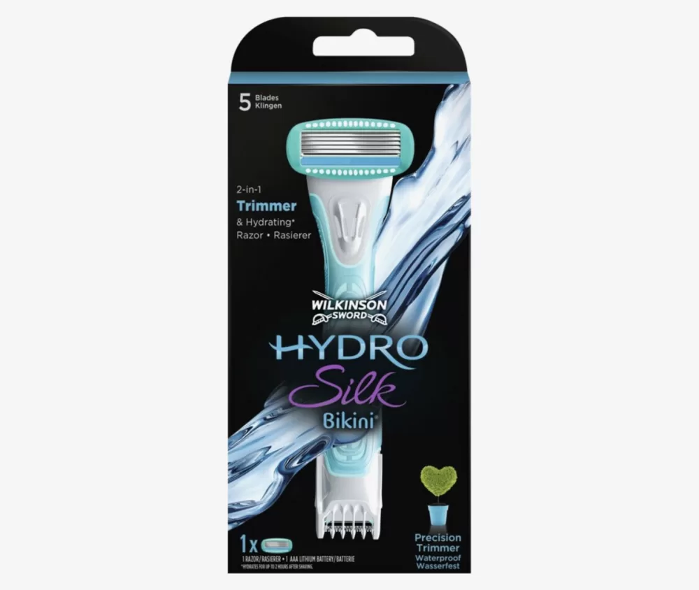 Wilkinson Hydro Silk Bikini Trimmer für Frauen – 2-in-1 Trimmen & Scheren, wasseraktiviertes Hydra Renew™ Serum, 3 Längen, 5 Curve-Sensing Klingen