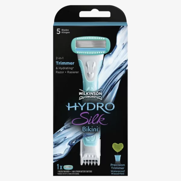 Wilkinson Hydro Silk Bikini Trimmer für Frauen – 2-in-1 Trimmen & Scheren, wasseraktiviertes Hydra Renew™ Serum, 3 Längen, 5 Curve-Sensing Klingen