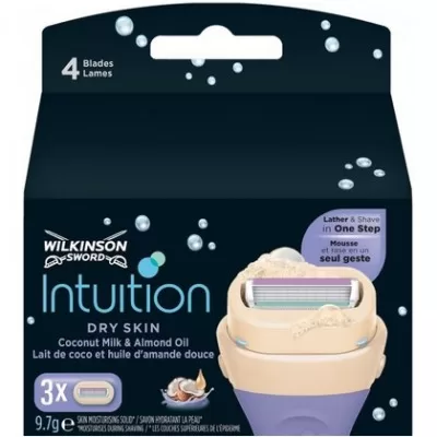 Wilkinson Intuition Dry Skin Rasierer mit Kokos & Mandel, 3 Stück – Sanfte Pflege für trockene Haut, Rasierklingen mit Feuchtigkeitsband