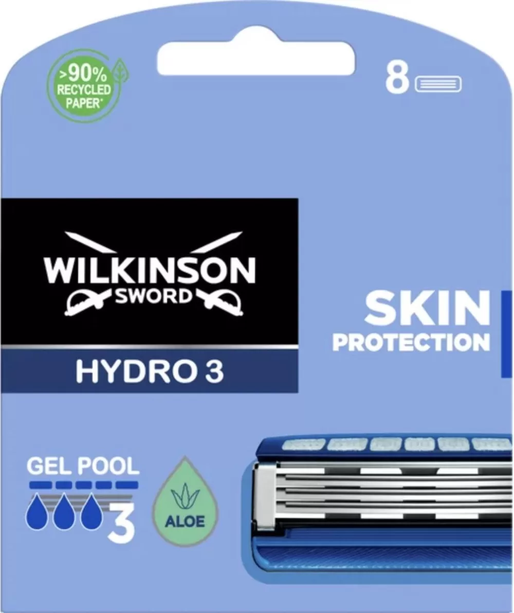 Wilkinson Sword Hydro 3 Scheermesjes 8 stuks - Skin Protection, Innovatief Gel-reservoir, Comfortabel Scheren, Huidverzorging, Duurzaam Verpakt