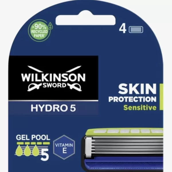 Wilkinson Sword Hydro 5 Scheermesjes - Skin Protection Sensitive, 4 stuks, schokabsorberende technologie, 40% minder frictie, Fliptrimmer