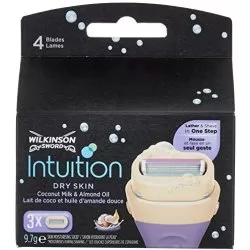 Wilkinson Sword Intuition Dry Skin Scheermesjes - 4 Messen, Huidconditioner met Kokosmelk & Amandelolie, Comfortabel & Hydraterend