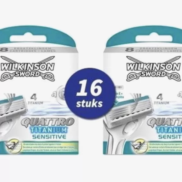 Wilkinson Sword Quattro Titanium Sensitive - 16 Scheermesjes (2x8) voor Comfortabel Scheren & Vermindering van Irritatie