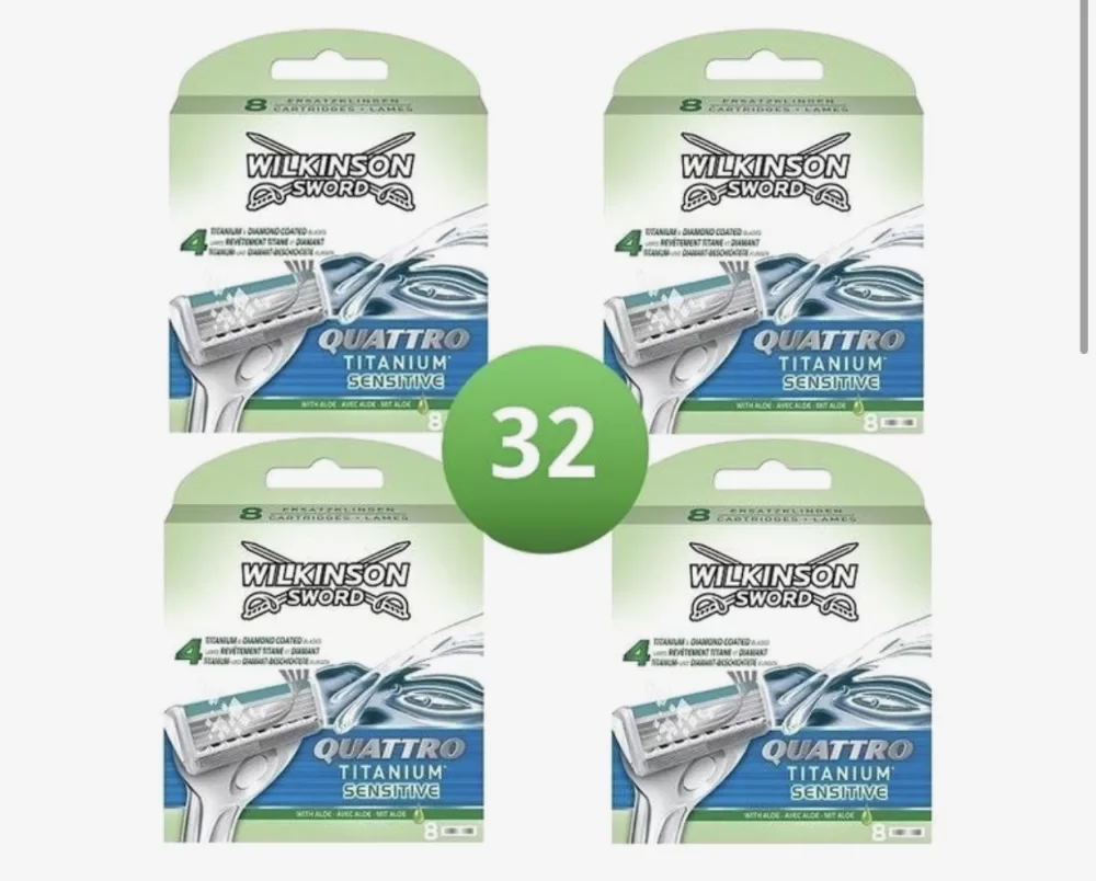 Wilkinson Sword Quattro Titanium Sensitive Razor Blades – 32 Stück, 4 Klingen, Aloe Vera, Vit. E, für eine sanfte, glatte Rasur