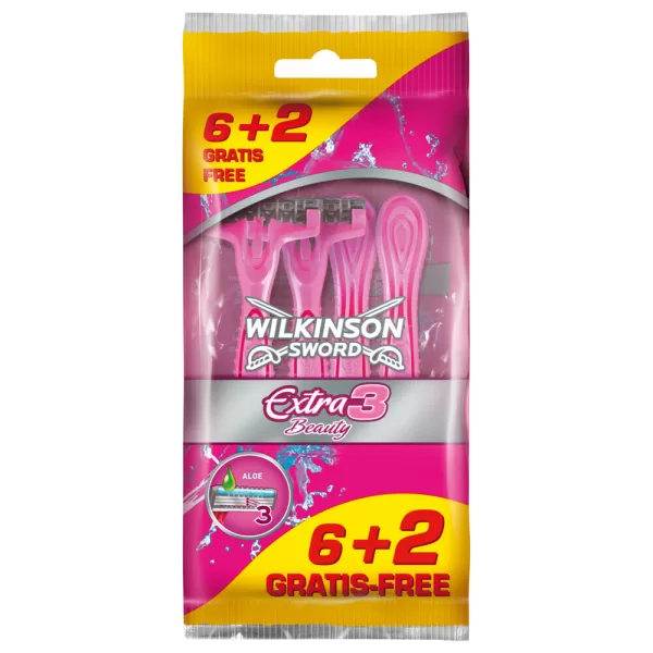 Wilkinson Woman Extra 2 Beauty Wegwerpscheermesjes - 8 stuks, 3 Mesjes, Beweegbare Scheerkop, Glijstrip met Aloë Vera, Comfortabel en Nauwkeurig Scheren