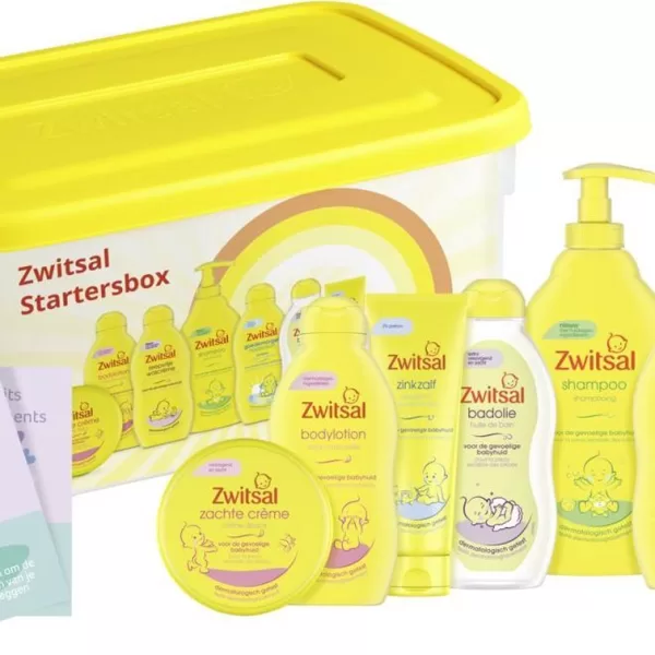 Zwitsal Baby Startersbox - 7 delig Cadeaupakket met Zeepvrije Wascrème, Bodylotion, Badolie, Shampoo, Zinkzalf, Haarlotion & Crème