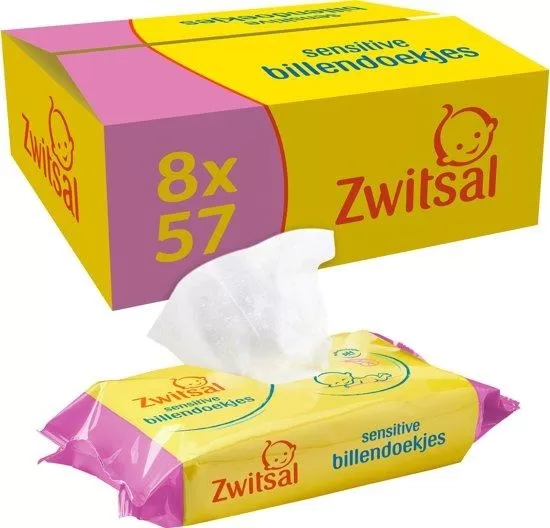 Zwitsal Sensitive Billendoekjes - 8x57 Stuks - Voor Gevoelige Babyhuid - Met Zink & Kamille - Dermatologisch Getest - pH-Huidneutraal