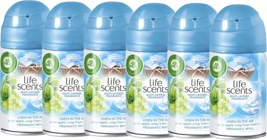 Air Wick Freshmatic Navulling - Linen in the Air, 6 x 250 ml, Life Scents™ Luchtverfrisser voor 60 dagen, Groene Appel & Knapperig Linnen