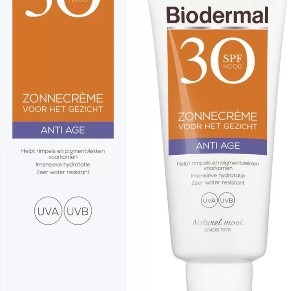 Biodermal Anti Age Zonnecrème Gezicht SPF 30 - Hydrateert, beschermt tegen rimpels, waterresistent, 40ml - Ideaal voor zon en wintersport