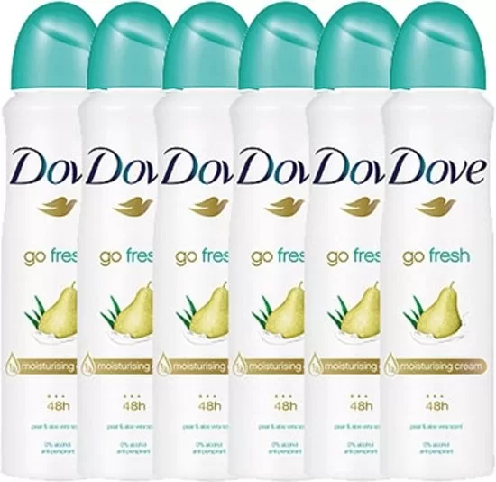 Dove Go Fresh Pear & Aloe Vera Deodorant - 6x150ml - 48u Bescherming, 0% Alcohol, Hydrateert, Voor Gevoelige Huid, Fruitige Geur