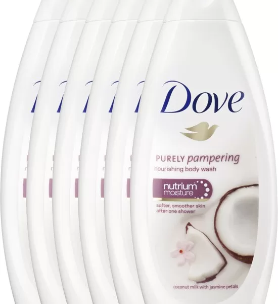 Dove Coconut Milk Douchegel – 6x 450ml, Hydraterend, Jasmijn & Kokosmelk, Voedt de Huid, Zachte Geur, Ontspannende Douche-ervaring