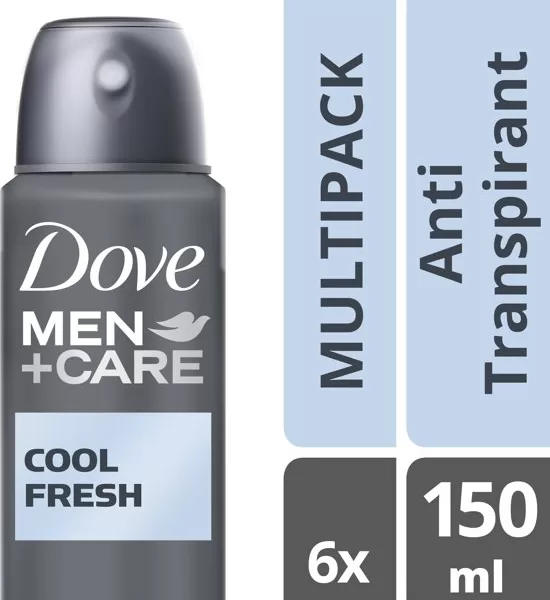 Dove Men+Care Cool Fresh Deodorant Spray – 6x150ml, 48h bescherming, hydraterende formule, alcoholvrij, verkwikkende geur.