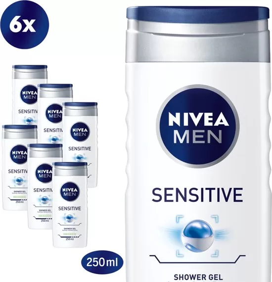 NIVEA MEN Sensitive Douchegel 3-in-1 – 6 x 250 ml – Verzorging voor Gevoelige Huid – Zachte Douche voor Lichaam, Gezicht & Haar