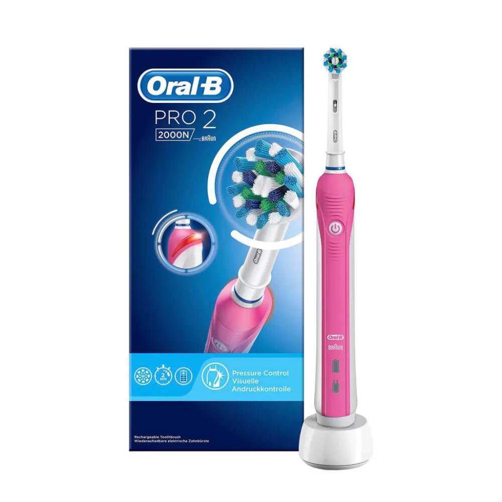 Oral-B Pro 2 2000N CrossAction Elektrische Tandenborstel - Roze, 100% meer plakverwijdering, drukcontroletechnologie, 2 standen, met oplader & opzetborstel