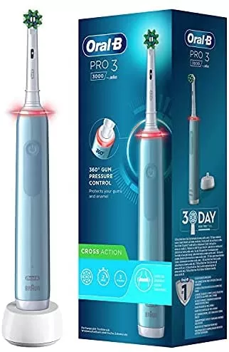 Oral-B Pro 3 360° elektrische Zahnbürste Blau mit CrossAction Bürste, 3 Modi, Druckkontrolle, 2 Wochen Akku, inkl. Ladegerät