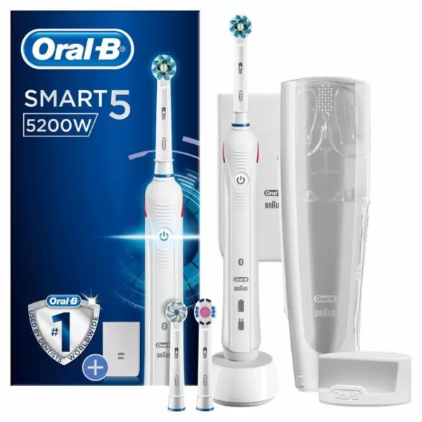 Oral-B Smart 5 5200W Elektrische Tandenborstel mit App, 100% meer plakverwijdering, poetsdruksensor, 2 weken batterijduur, gezonder tandvlees