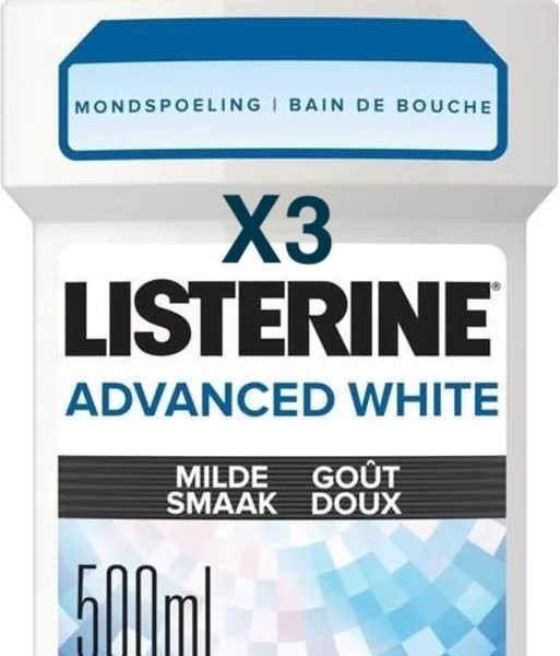 3X Listerine Advanced White 500ml - Mild Mondwater voor Witte Tanden, Verfrist Adem, Essentiële Oliën, Fluoride, Bescherming tegen Verkleuringen