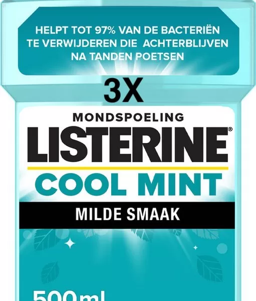 3X Listerine Cool Mint Mild 500ml - Alcoholvrij Mondwater, Geschikt voor Kinderen 6+, Verwijdert 99% Bacteriën, Frisse Adem