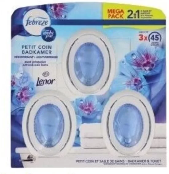 Ambi Pur Febreze Lenor Mega Pack 2+1 Gratis – Badkamer & Toilet Geurverwijderaar – 3x 45 Dagen Frisheid – Niet Elektrisch