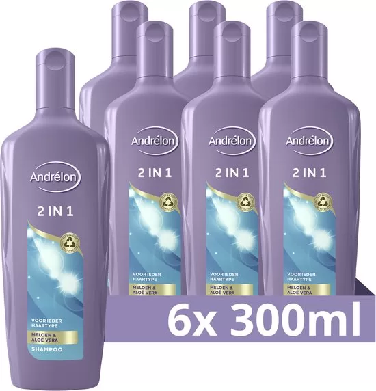 Andrélon 2 in 1 Shampoo & Conditioner - 6x300ml - Geschikt voor elk haartype, met meloen & aloë vera, 100% gerecycled en recyclebaar