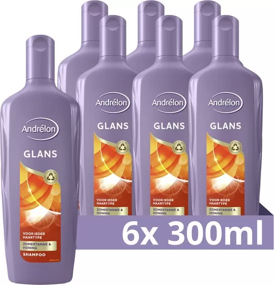 Andrélon Glans Shampoo Voordeelverpakking 6x300ml - Voor Stralend, Zacht Haar met Zomertarwe & Honing - 100% Gerecycled Verpakking