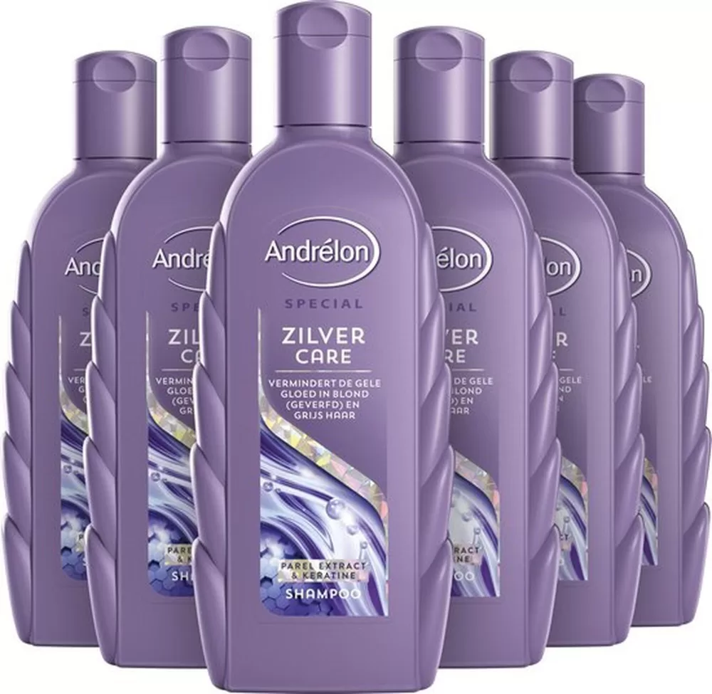 Andrélon Zilver Care Shampoo 6x300ml – Voordeelverpakking voor Blond & Grijs Haar – Vermindert Gele Gloed, Verrijkt met Parel Extract & Keratine