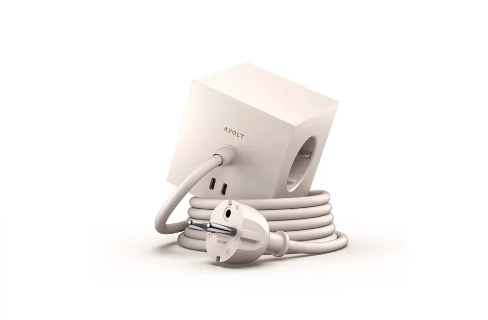 Avolt Square 1 USB-C Mehrfachsteckdose | 3 Schuko-Steckdosen + 2 USB-C | Beige | Minimalistisches Design für Zuhause & Büro