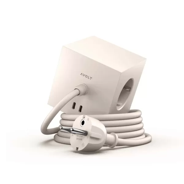 Avolt Square 1 USB-C Mehrfachsteckdose | 3 Schuko-Steckdosen + 2 USB-C | Beige | Minimalistisches Design für Zuhause & Büro