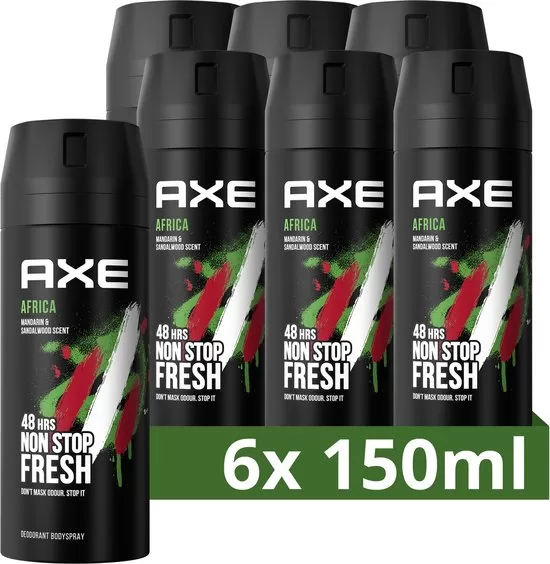 AXE Africa Deodorant Bodyspray - 6x150ml Voordeelverpakking - 48u Bescherming, Mandarijn & Sandelhout Geur, Recyclebaar Aluminium