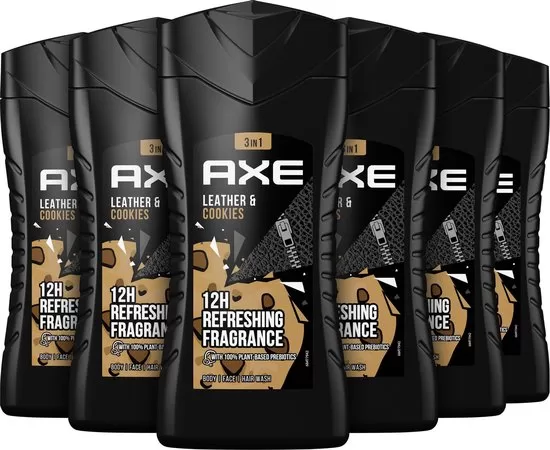 Axe Collision Leather & Cookies 3-in-1 Douchegel – 6 x 250 ml – Onweerstaanbare geur, fris tot 12 uur, 100% gerecycled verpakt