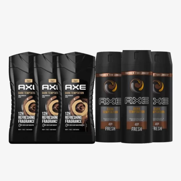 AXE Dark Temptation Set: 3 Deodorants & 3 Douchegels - Onweerstaanbare Chocoladegeur, 48 Uur Bescherming, Verfrissende Doucheervaring