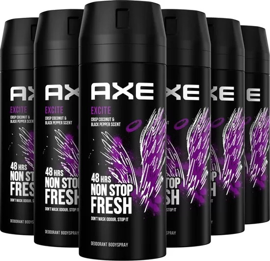 Axe Excite Bodyspray Deodorant - 6 x 150 ml - Houtige Geur met Zoete Accenten - 48 uur Bescherming - Duurzaam Aluminium Verpakking