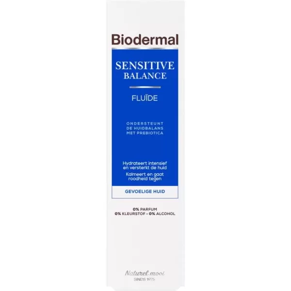 Biodermal Sensitive Balance Fluïde Dagcrème 50ML - Kalmerende, hydratante crème voor gevoelige huid met prebiotica, zonder parfum of alcohol.