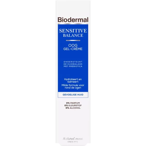 Biodermal Sensitive Balance Oogcrème 15ml - Milde, parfumvrije ooggel-crème voor gevoelige huid, hydrateert en kalmeert met prebiotica en vitamine E.