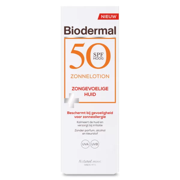 Biodermal SPF 50 Zonnelotion voor Gevoelige Huid - 100 ml, Vrij van Parfum & Alcohol, Bescherming tegen Zonneallergie, Kalmerende Formule