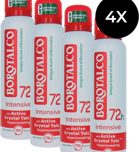 Borotalco Deodorant Spray Intensive - Voordeelverpakking (4 x 150 ml) - 72 uur bescherming, hydraterend, alcoholvrij, frisse klassieke geur