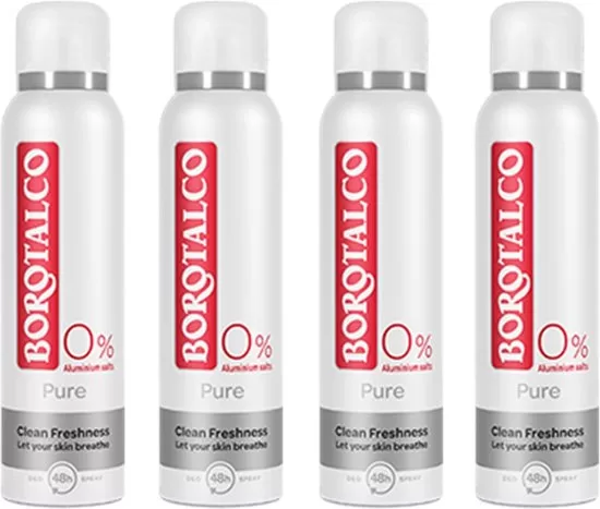 Borotalco Deodorant Spray Pure 0% - 4er Pack (4 x 150 ML) - 48h Schutz, ohne Aluminium, langanhaltender Duft, dermatologisch getestet