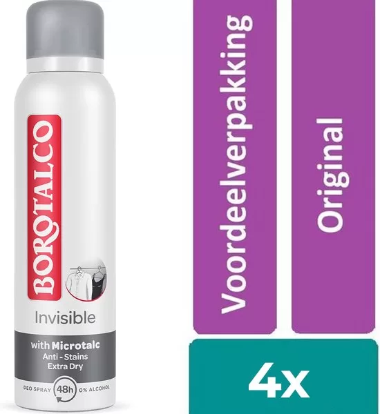 Borotalco Invisible Spray – Voordeelverpakking 4 Stuks – Anti-vlekken Deodorant, 48 uur Bescherming, Dermatologisch Getest, Microtalk