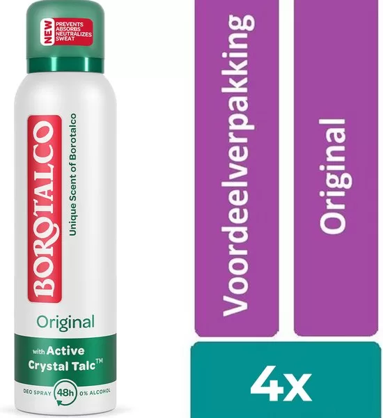 Borotalco Original Spray – Voordeelverpakking 4 Stuks – 48 Uur Bescherming, Dermatologisch Getest, Microtalk voor Frisse Geur en Droge Huid