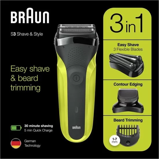 Braun Series 3 300BT Elektrisches Rasiergerät - Schwarz/Grün, Präzisionstrimmer, 45 Min. Akkulaufzeit, wasserdicht, für alle Bartwuchsarten