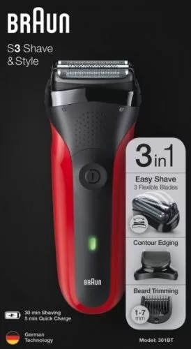 Braun Series 3 301BT Wet&Dry Elektrisches Scheerapparaat mit 3 Scheerblättern und Trimmer – Ideal für alle Baarddichtheiten