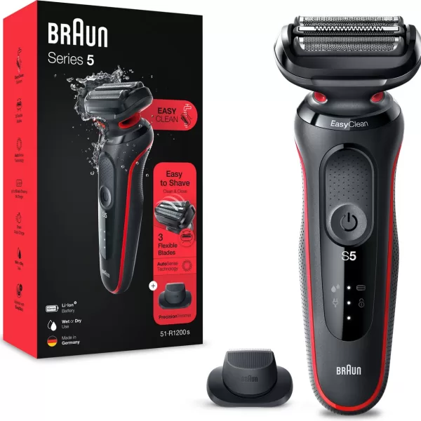 Braun Series 5 51-R1000s Elektrisch Scheerapparaat voor Mannen – Rood, Flexibele Mesjes, AutoSense, 100% Waterbestendig, Li-Ion Batterij, EasyClean