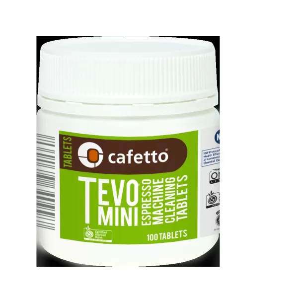 Cafetto Tevo Mini Reinigungstabletten 100x1,5g – Espresso Reiniger, phosphatfrei, biologisch abbaubar, NSF zertifiziert, schützt Maschinen.