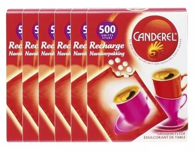 Canderel Zoetjes Navulling 6 x 500 Tabs - Caloriearme Zoetstof voor Koffie, Thee & Chocolademelk, Ideaal voor Dispenser