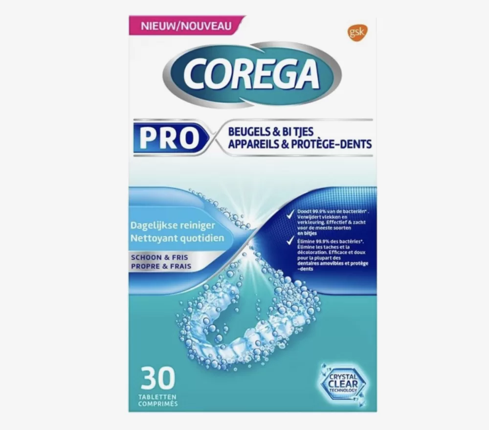 Corega Pro Beugels & Bitjes 30 Tabletten – Anti-bacteriële Reiniger voor Draadbeugels, Transparante Beugels & Sportbitjes, Doodt 99,9% Bacteriën