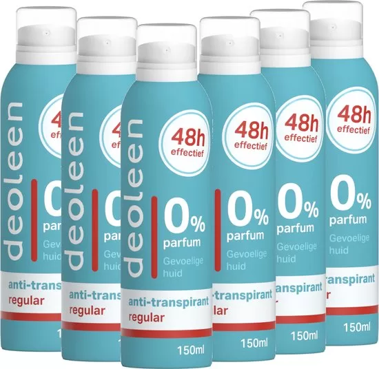 Deoleen Anti-transpirant Aerosol Regular - 150ml, 6-pack, hypoallergeen, 24 uur bescherming, zonder parfum, dermatologisch aanbevolen