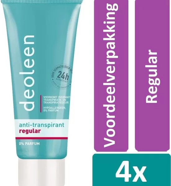 Deoleen Deodorant Crème Regular 50 ml - 4 stuks Voordeelverpakking, 24 uur effectiviteit, hypoallergeen, 0% parfum, geen witte strepen