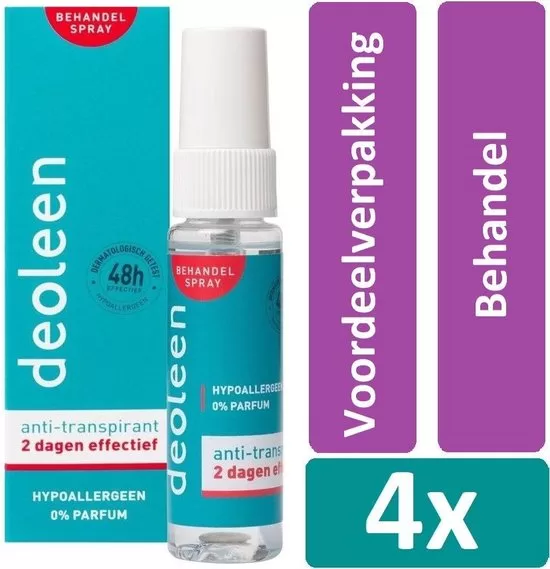 Deoleen Sensitive Deodorant Spray 25ml - Hypoallergeen, 0% Parfum, Anti-transpirant, 4 Stuks Voordeelverpakking voor gevoelige huid