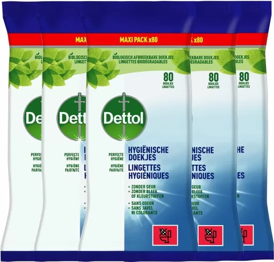 Dettol Hygiënische Schoonmaakdoekjes - Voordeelverpakking 5 x 80 stuks - Krachtig tegen vet en vuil, geen bleek, neutrale geur