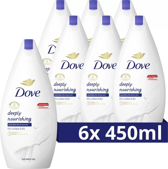 Dove Deeply Nourishing Crème Douche – 6 x 450 ml Voordeelverpakking, Sulfaatvrij, Vegan, 97% Biologisch Afbreekbaar, 100% Gerecycled Plastic